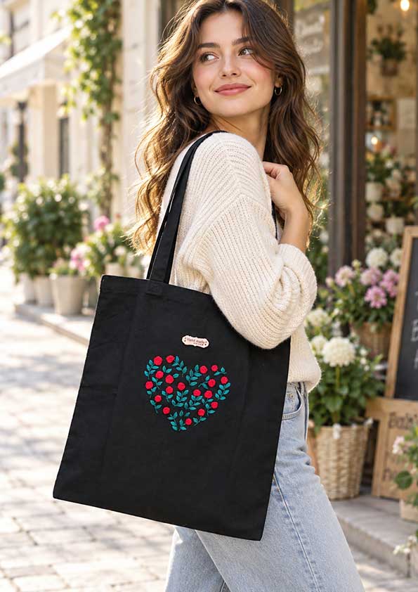 Torba bawełniana shopper z ręcznym haftem – Serce róże