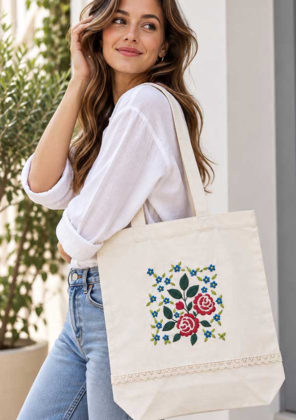 Torba bawełniana shopper z ręcznym haftem – Kwiaty
