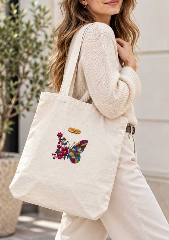 Torba beżowa bawełniana shopper z ręcznym haftem – Motyl